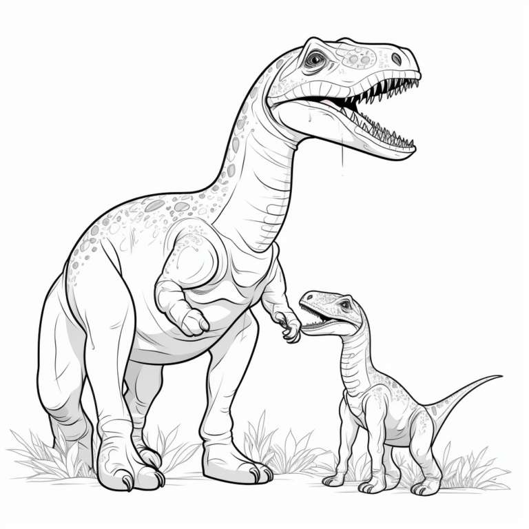 Allosaurus beschützt seine Jungen vor Gefahren Ausmalbild und Malvorlage