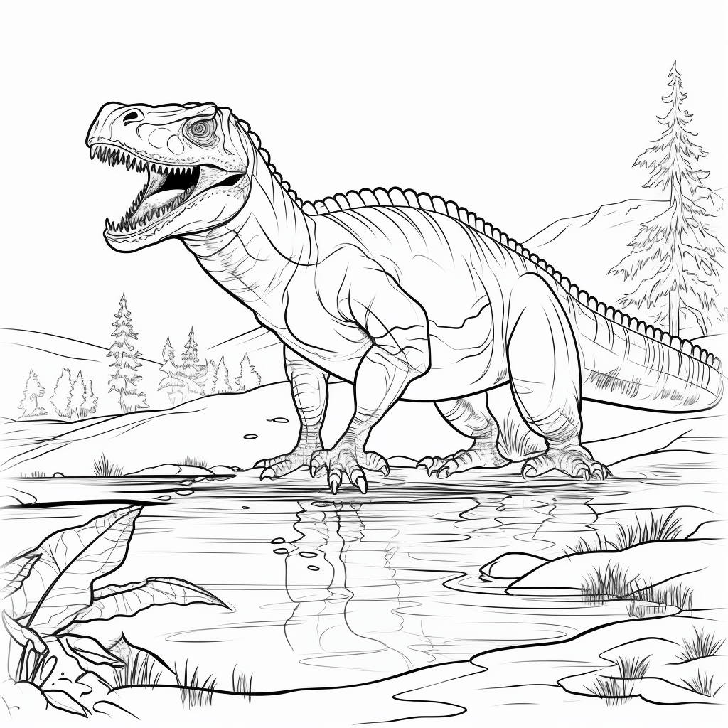 Allosaurus beugt sich über einen Fluss zum Trinken Ausmalbild und Malvorlage