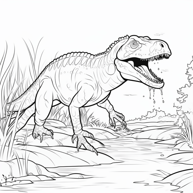 Allosaurus erfrischt sich in einem Fluss Ausmalbild und Malvorlage