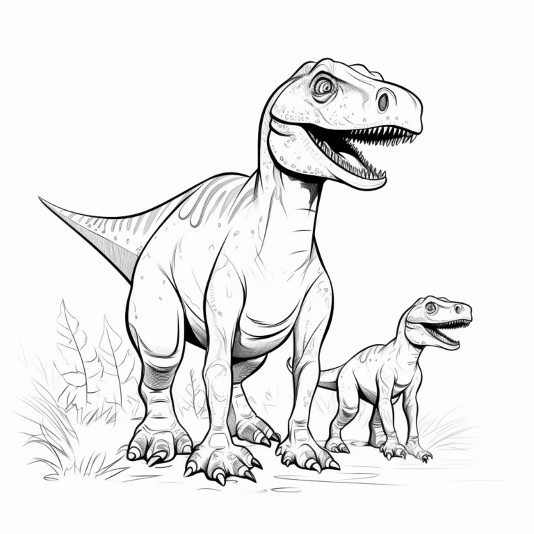 Allosaurus neckt seine Jungen mit seinem Schwanz Ausmalbild und Malvorlage