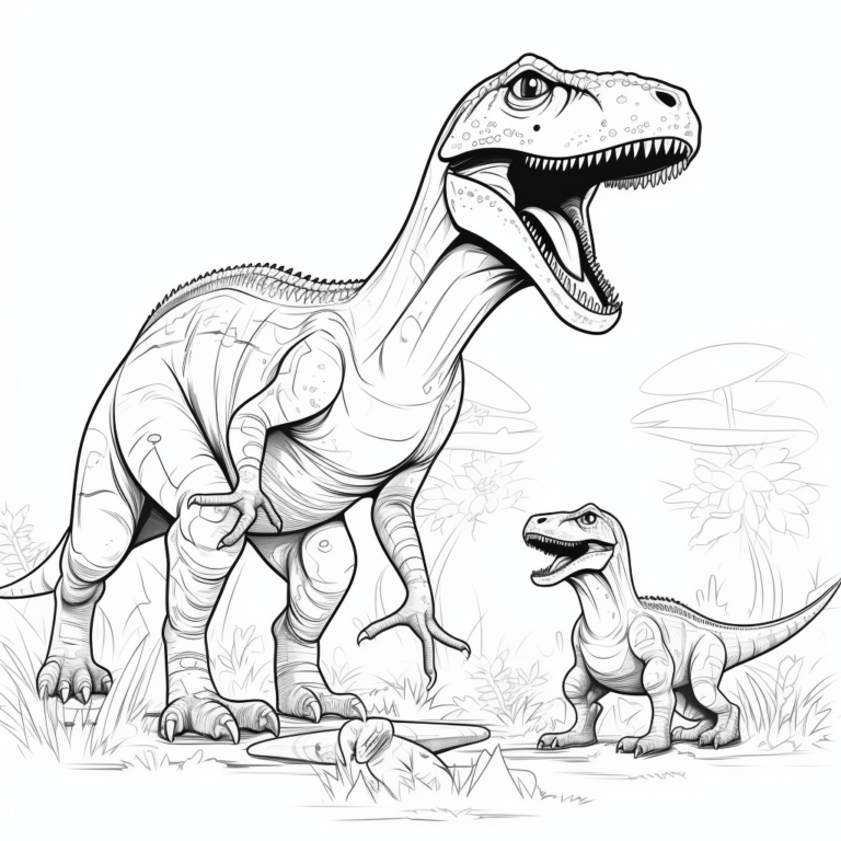 Allosaurus spielt mit seinen Jungen Ausmalbild und Malvorlage
