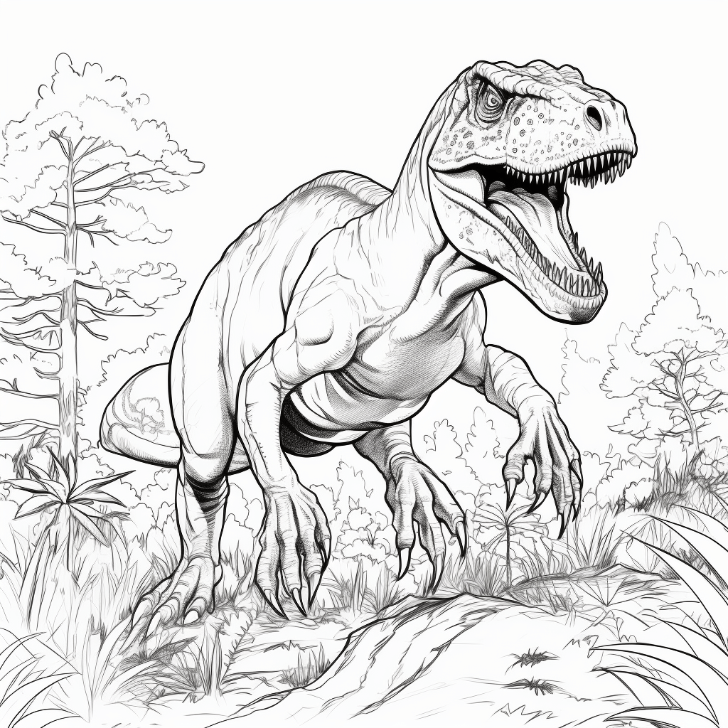 Allosaurus sucht im Wald nach Beute Ausmalbild und Malvorlage