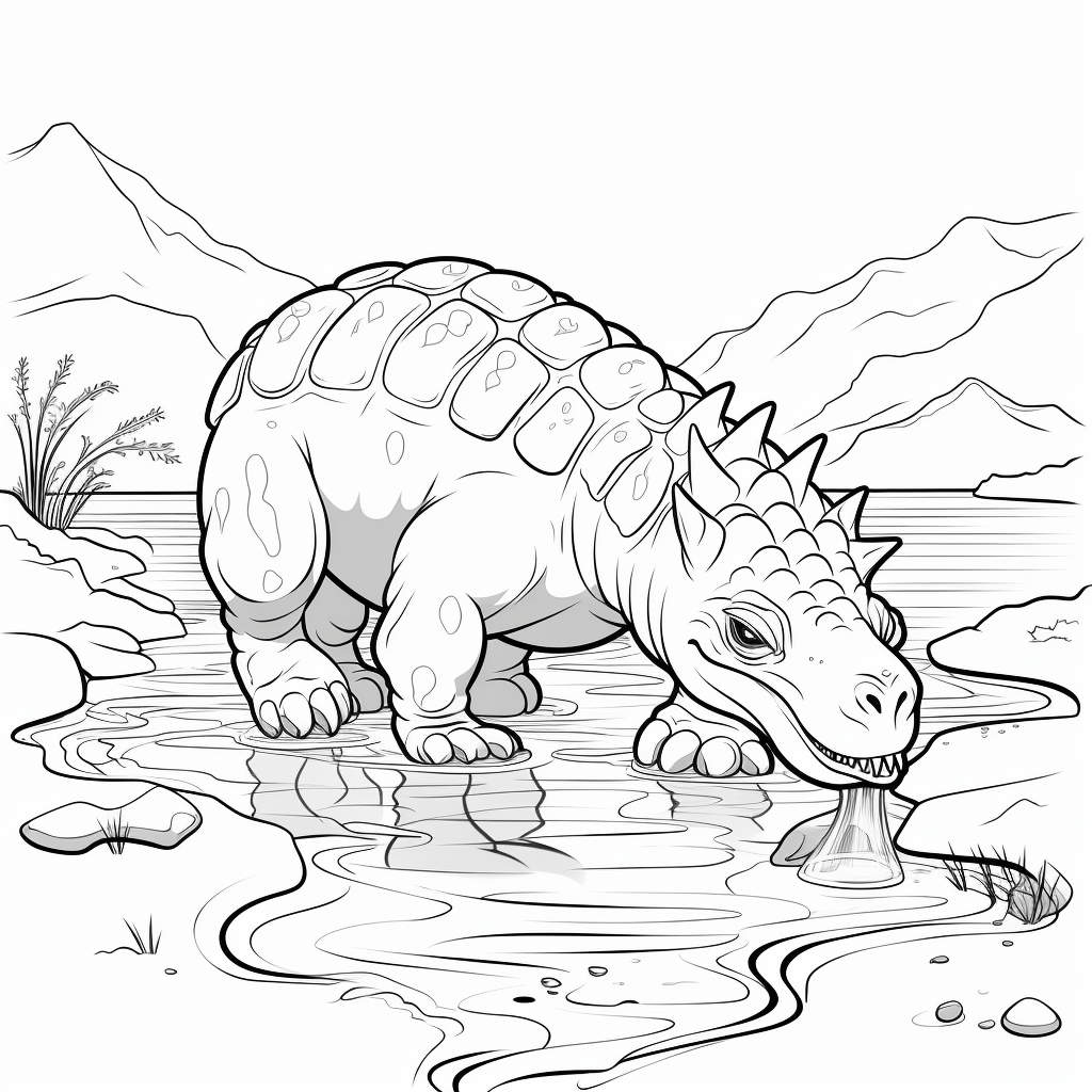 Ankylosaurus trinkt aus Fluss Ausmalbild und Malvorlage