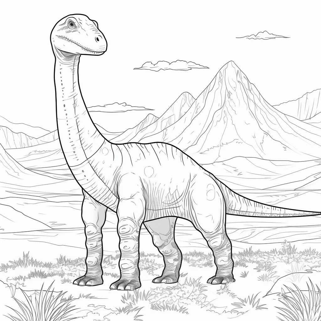 Apatosaurus schaut einen Vulkan an Ausmalbild und Malvorlage
