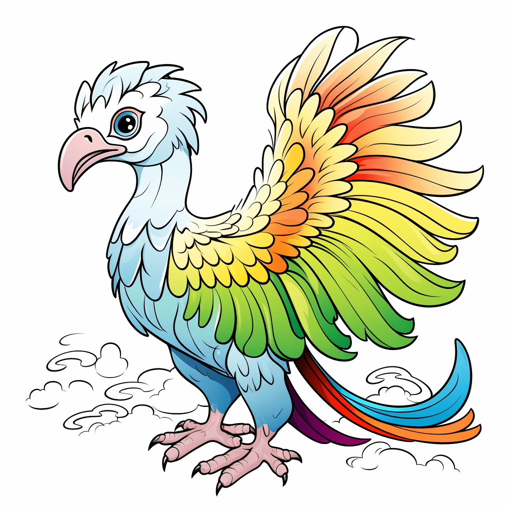 Archaeopteryx fliegt über einen Regenbogen Ausmalbild und Malvorlage