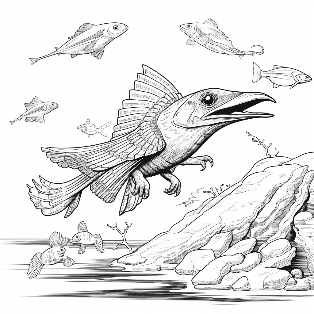 Archaeopteryx frisst einen Fisch Ausmalbild und Malvorlage