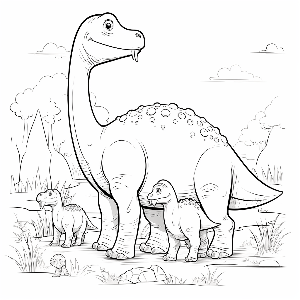 Baby-Apatosaurus bei seiner Mama Ausmalbild und Malvorlage