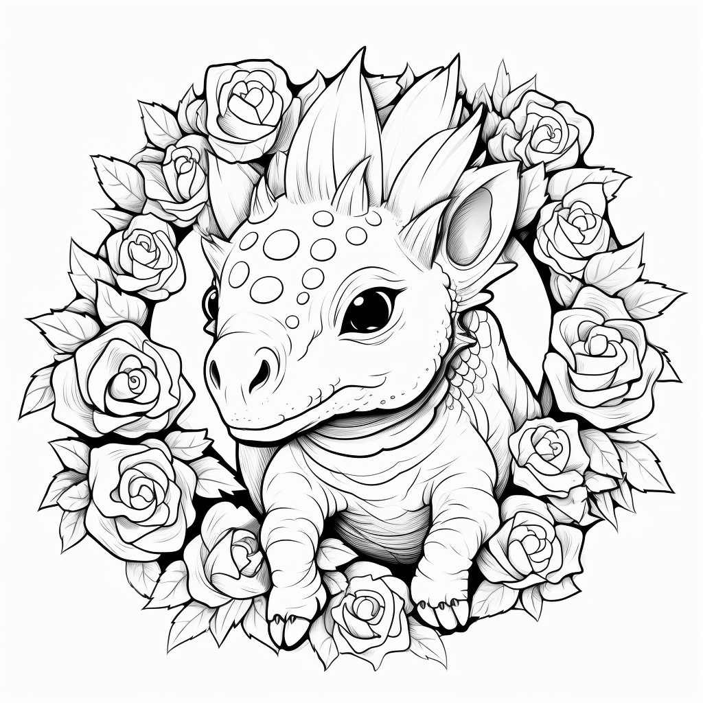 Blumenkranz auf dem Kopf von Triceratops Ausmalbild und Malvorlage
