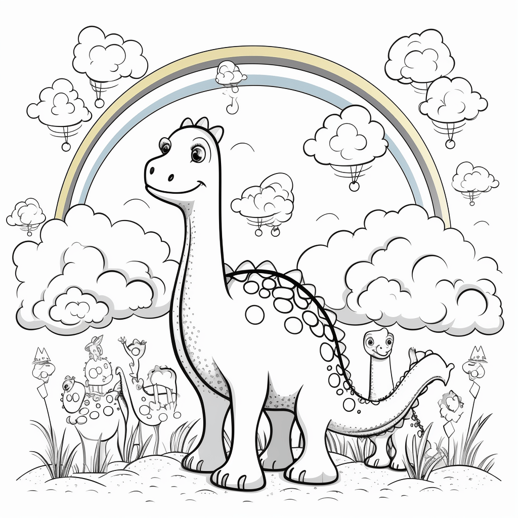 Brachiosaurus berührt einen Regenbogen mit seinem Hals Ausmalbild und Malvorlage