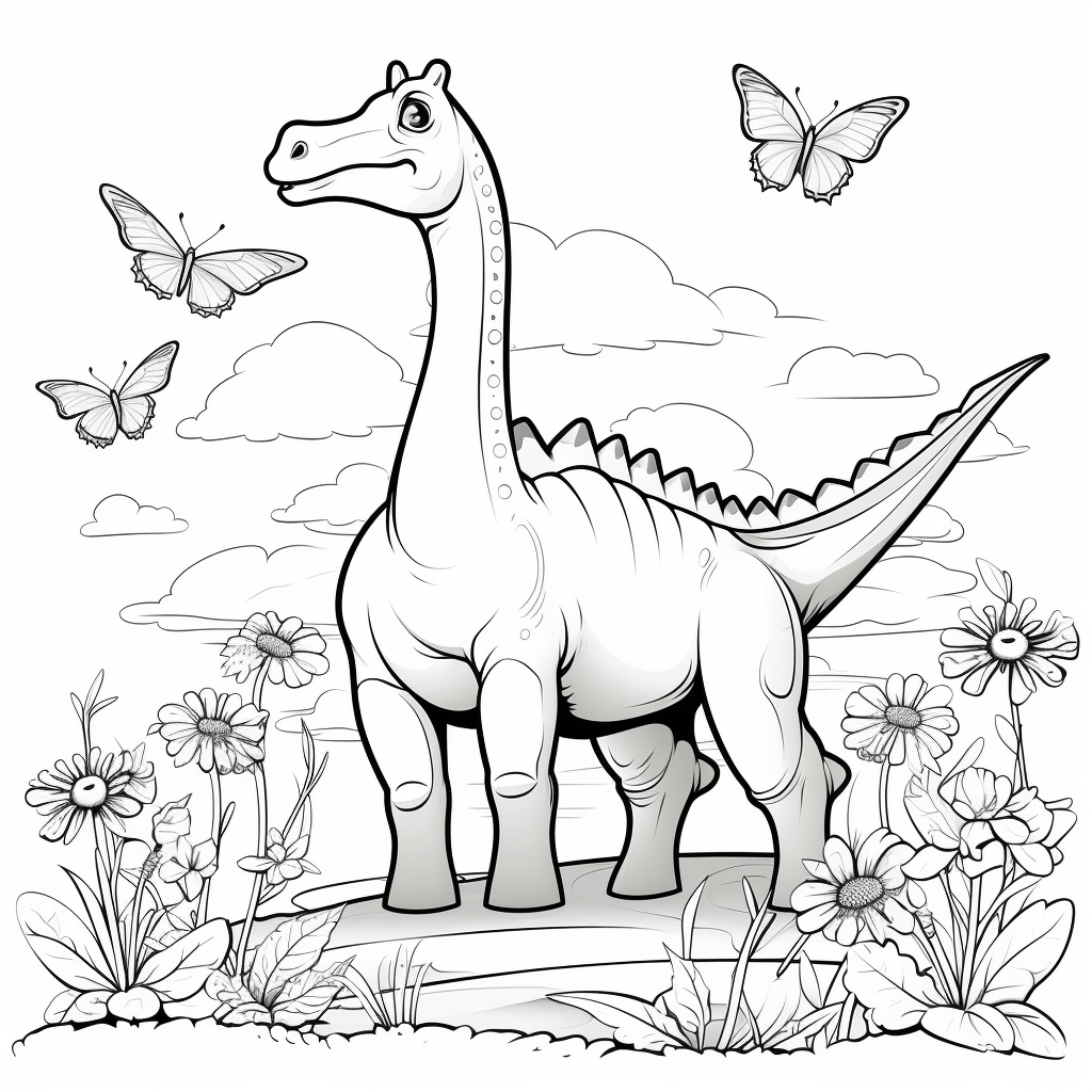 Brachiosaurus jagt Schmetterlinge mit seinem Maul Ausmalbild und Malvorlage