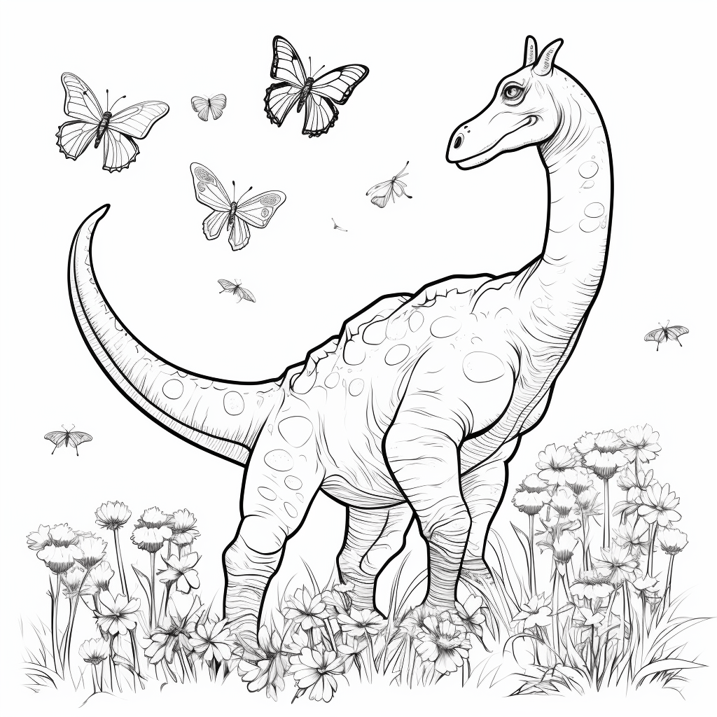 Brachiosaurus lässt Schmetterlinge auf seinem Kopf landen Ausmalbild und Malvorlage