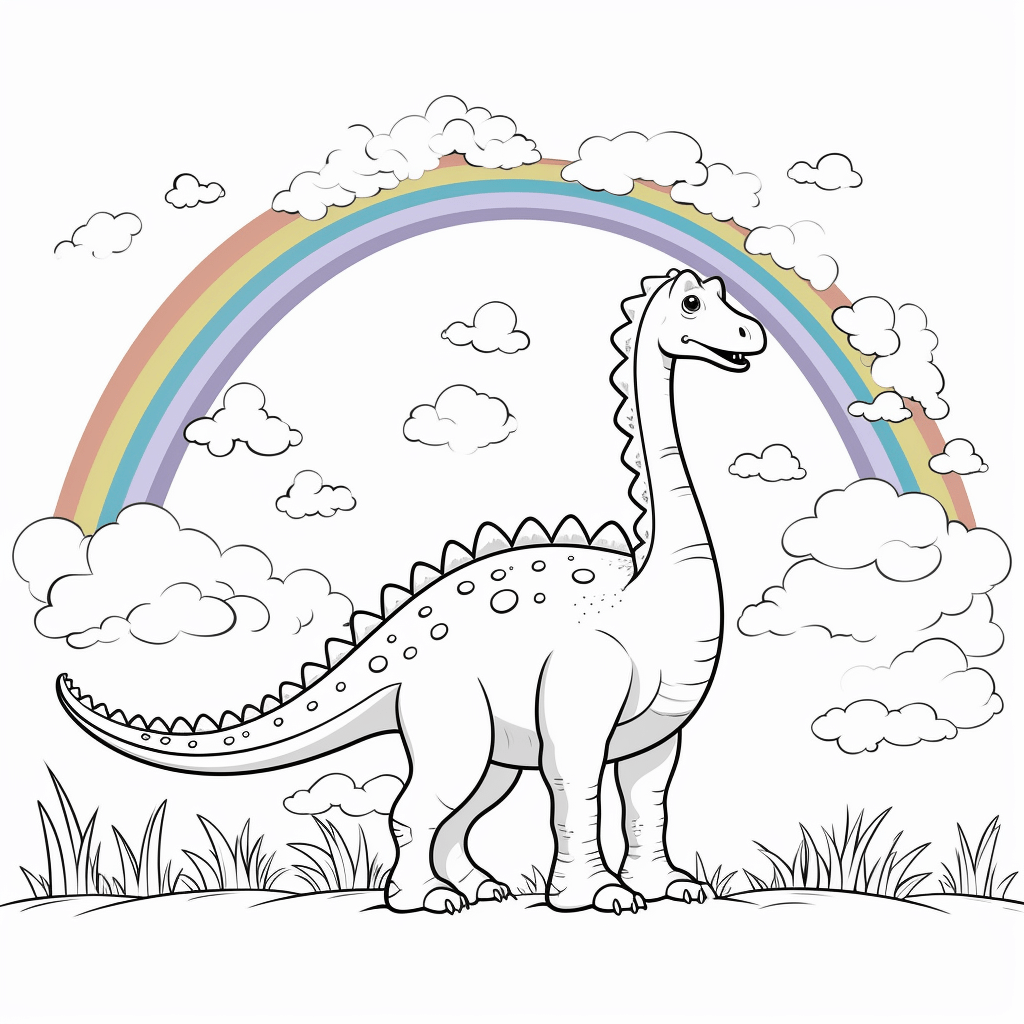 Brachiosaurus malt einen Regenbogen mit seinem Schwanz Ausmalbild und Malvorlage