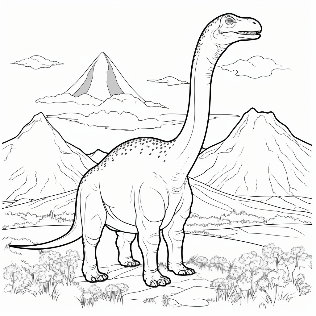 Brachiosaurus schaut neugierig auf einen Vulkan Ausmalbild und Malvorlage