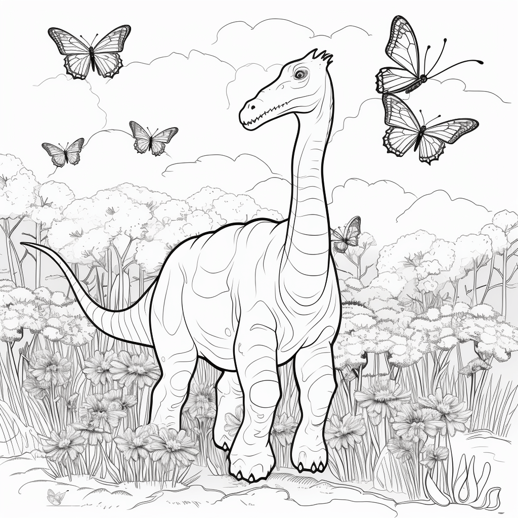 Brachiosaurus umgeben von Schmetterlingen Ausmalbild und Malvorlage