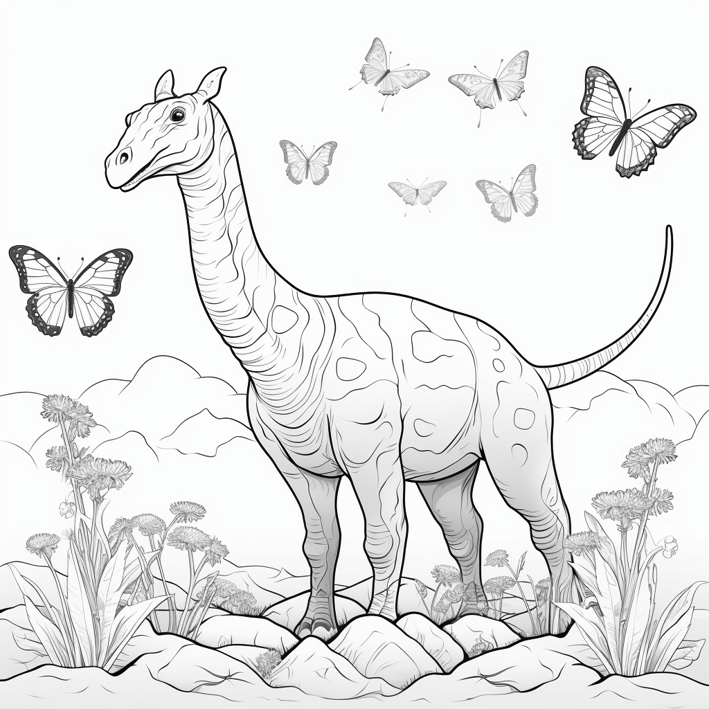 Brachiosaurus und Schmetterlinge Ausmalbild und Malvorlage