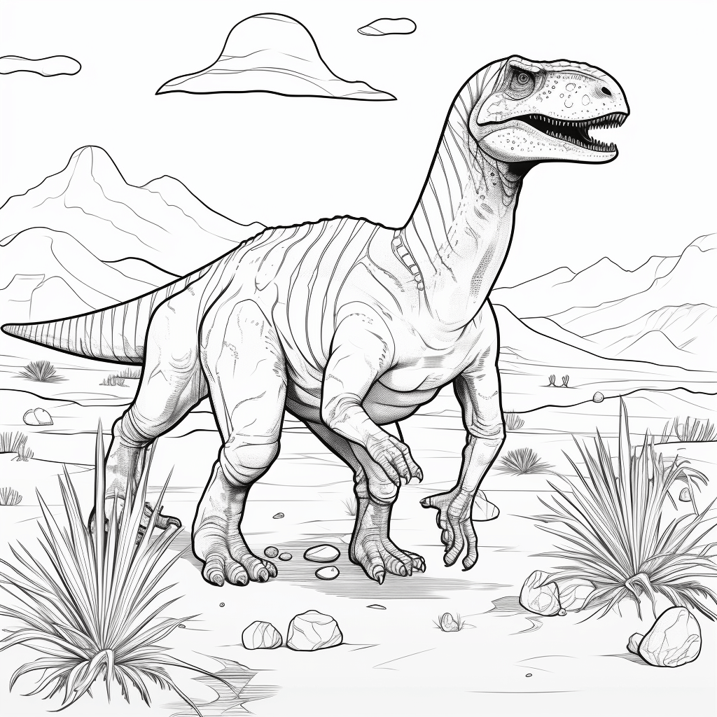 Carcharodontosaurus sucht Wasser in der Wüste Ausmalbild und Malvorlage