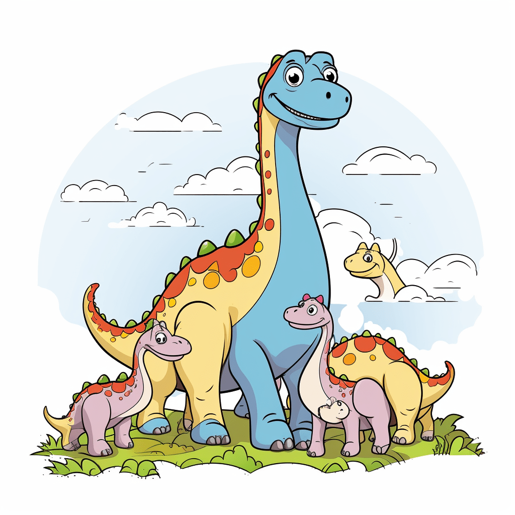 Diplodocus kuschelt mit seiner Familie Ausmalbild und Malvorlage