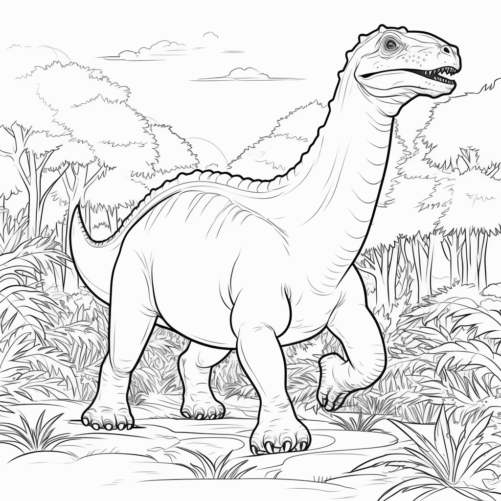 Diplodocus läuft durch den Urwald Ausmalbild und Malvorlage