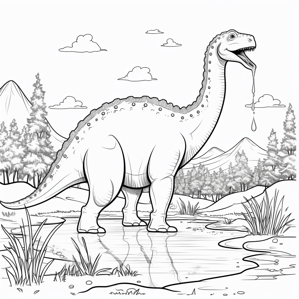 Diplodocus saugt Wasser aus einem See auf Ausmalbild und Malvorlage