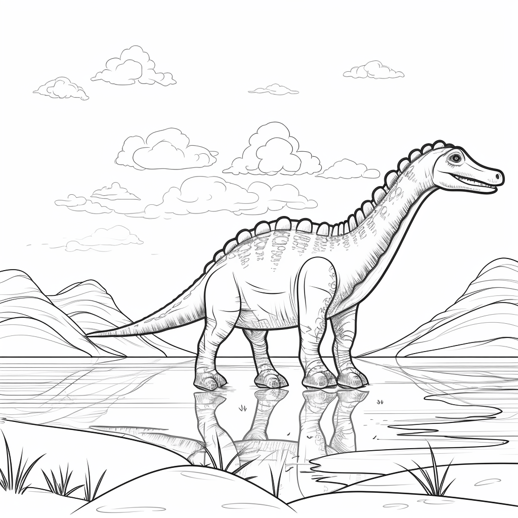 Diplodocus schlürft Wasser aus einem See Ausmalbild und Malvorlage