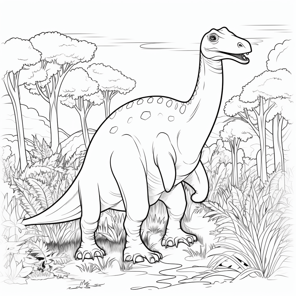 Diplodocus spaziert durch den Urwald Ausmalbild und Malvorlage