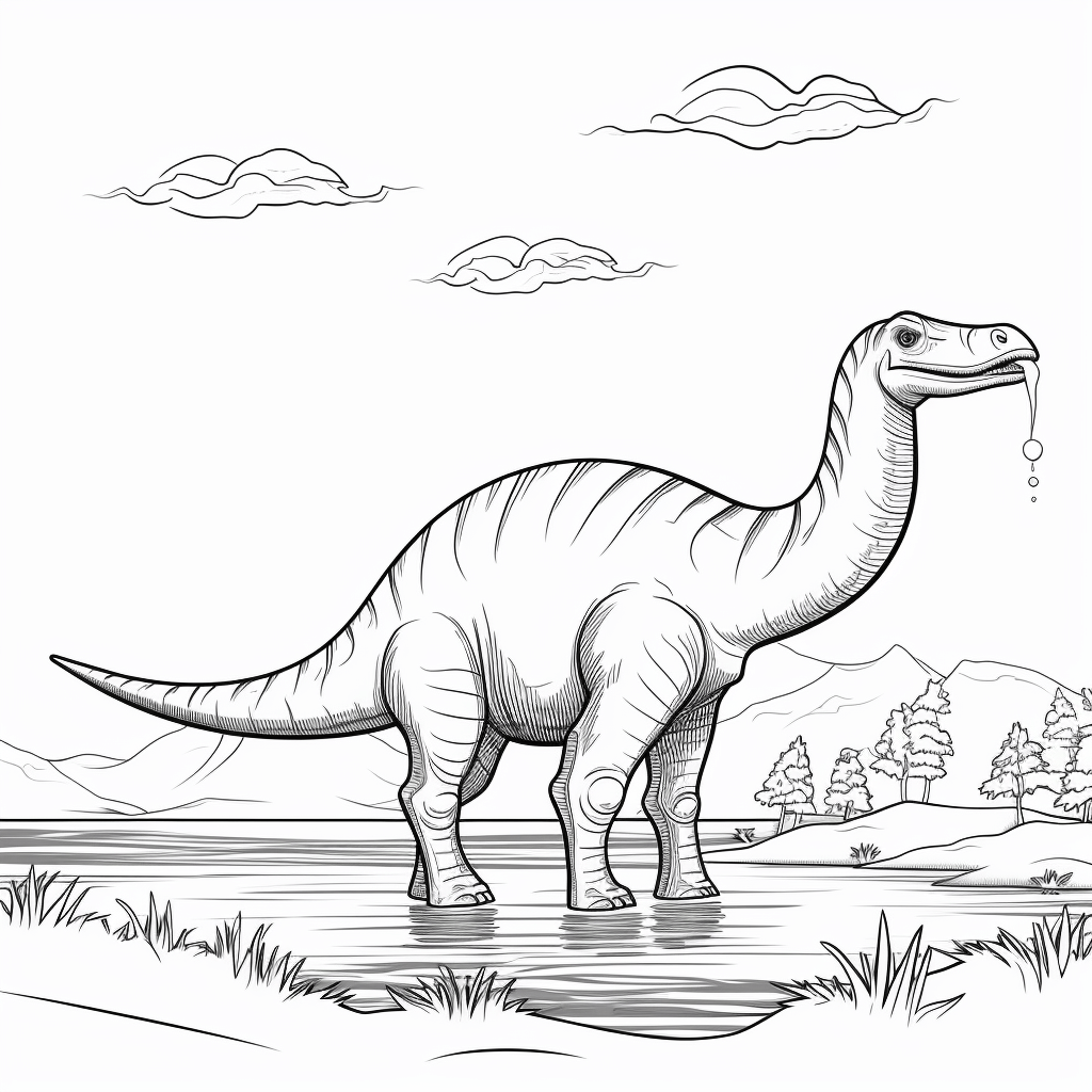 Diplodocus trinkt Wasser aus einem See Ausmalbild und Malvorlage