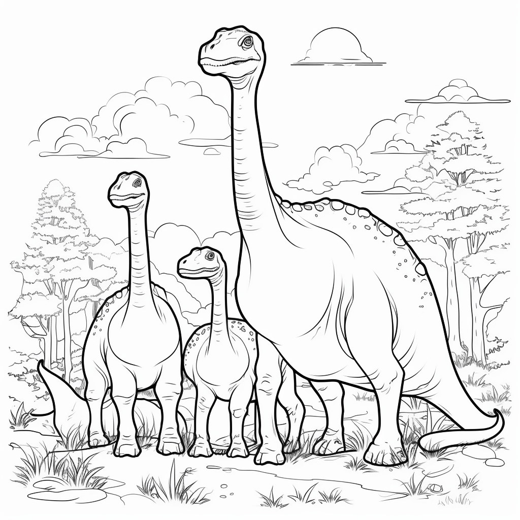 Diplodocus umarmt seine Familie liebevoll Ausmalbild und Malvorlage