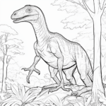 Dromaeosaurus zwischen Bäumen Ausmalbild und Malvorlage