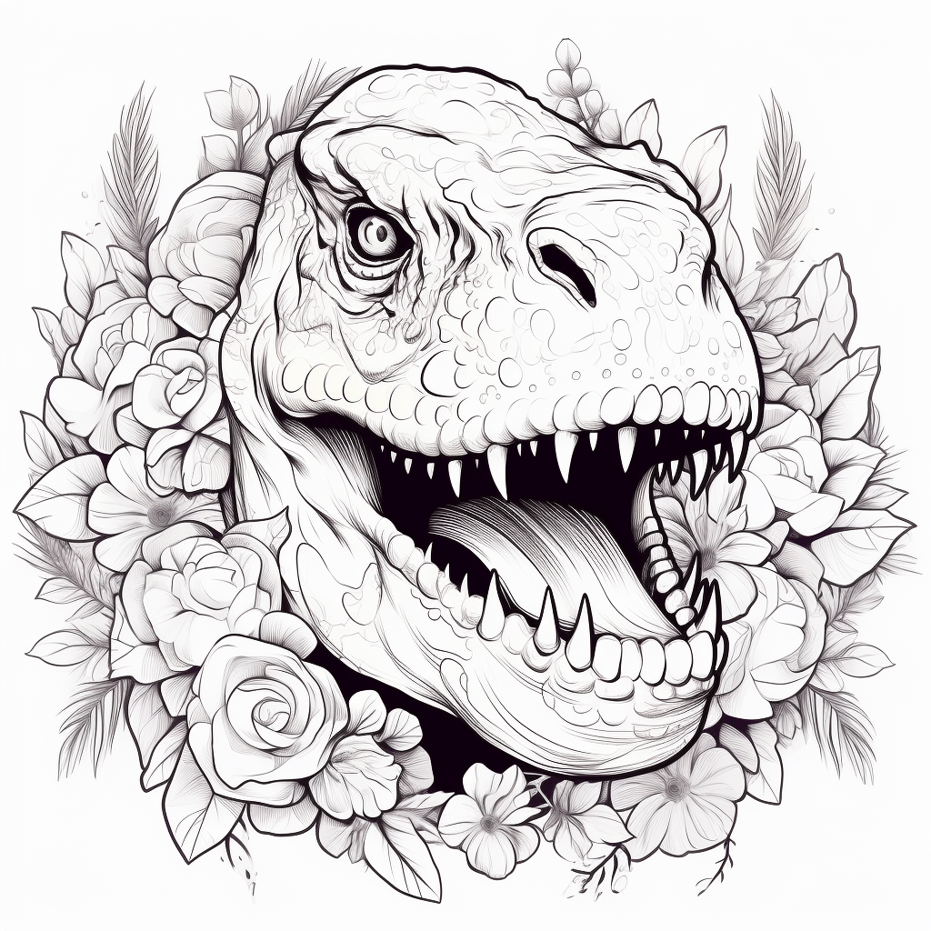 Fröhlicher Tyrannosaurus Rex mit Blumenkranz auf dem Kopf Ausmalbild und Malvorlage
