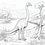 Gallimimus am Ufer Ausmalbild und Malvorlage