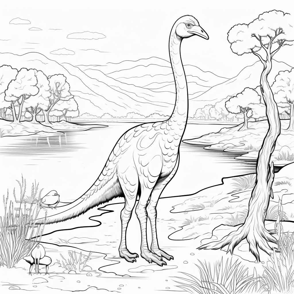 Gallimimus am Ufer Ausmalbild und Malvorlage