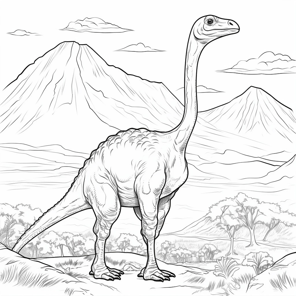 Gallimimus vor Feuerberg Ausmalbild und Malvorlage