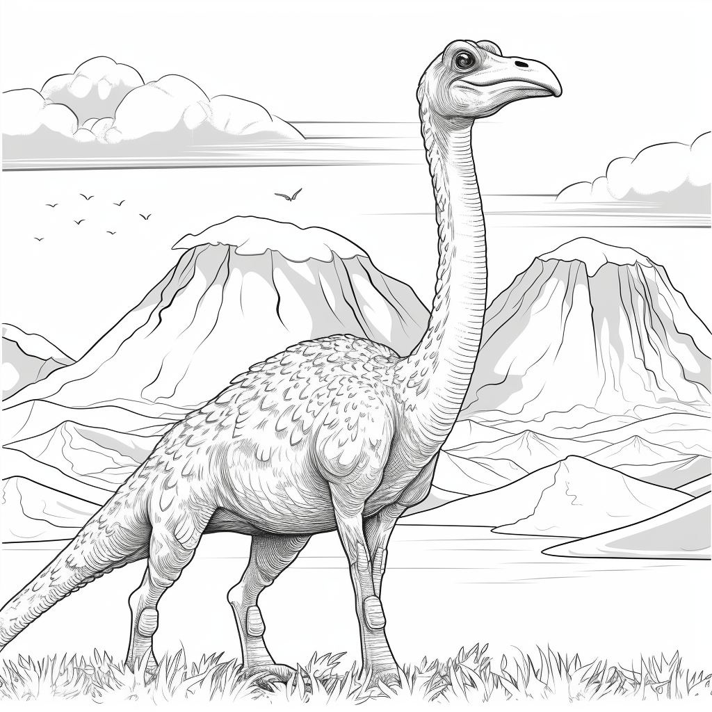 Gallimimus vor Lavafluss Ausmalbild und Malvorlage