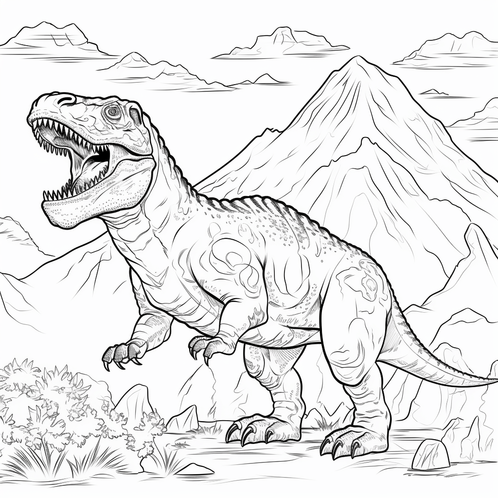 Giganotosaurus bewundert einen Vulkan Ausmalbild und Malvorlage