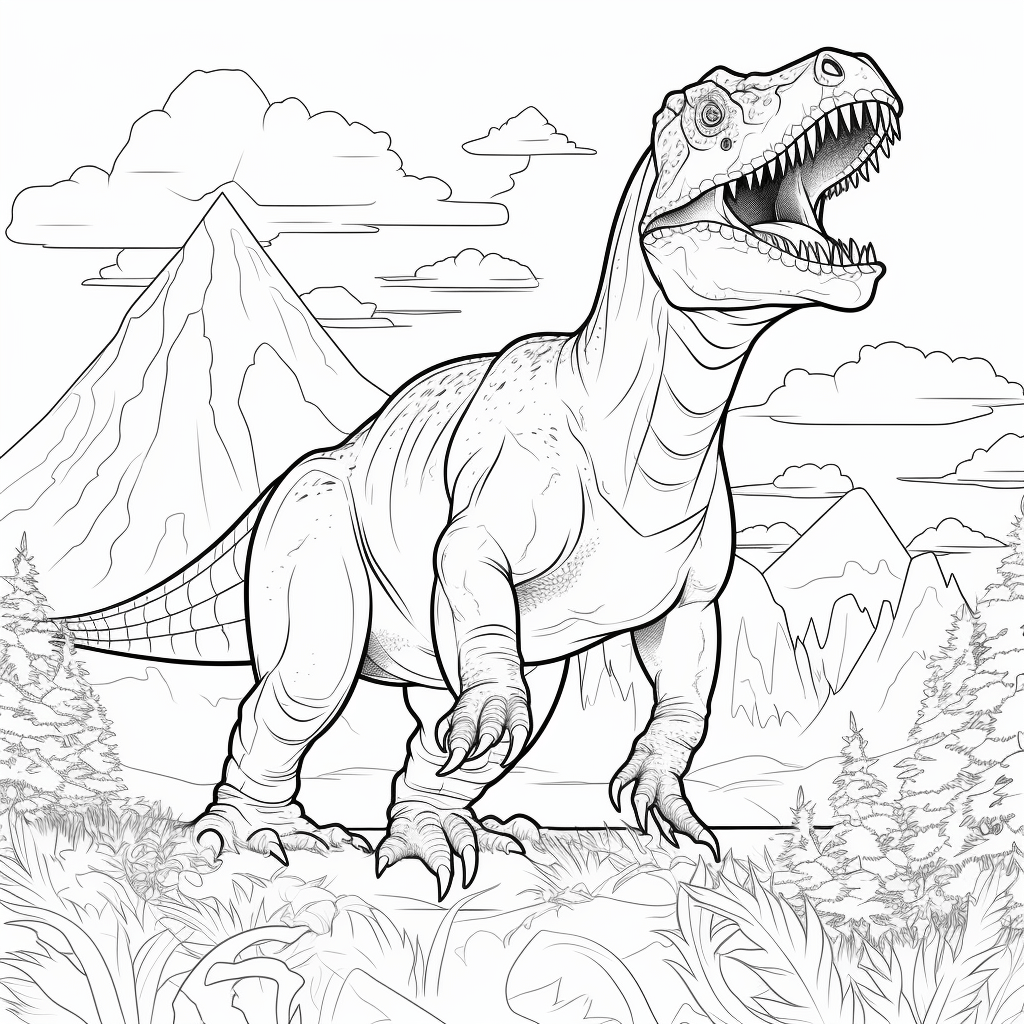 Giganotosaurus flieht vor einem Vulkan Ausmalbild und Malvorlage