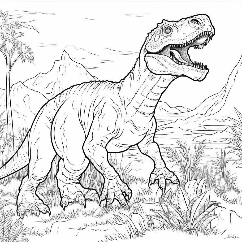 Giganotosaurus frisst in einer grünen Landschaft Ausmalbild und Malvorlage