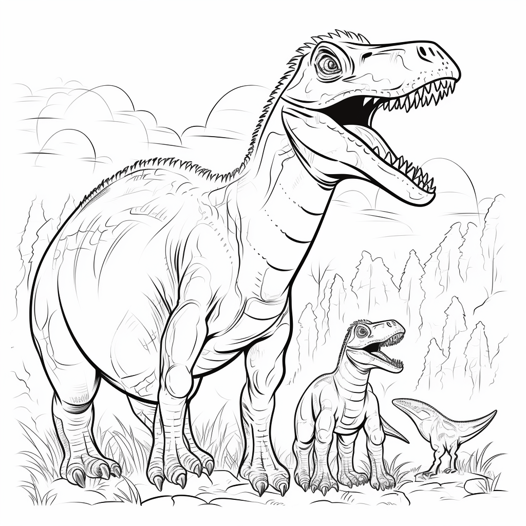 Giganotosaurus lehrt einen Baby-Giganotosaurus zu jagen Ausmalbild und Malvorlage