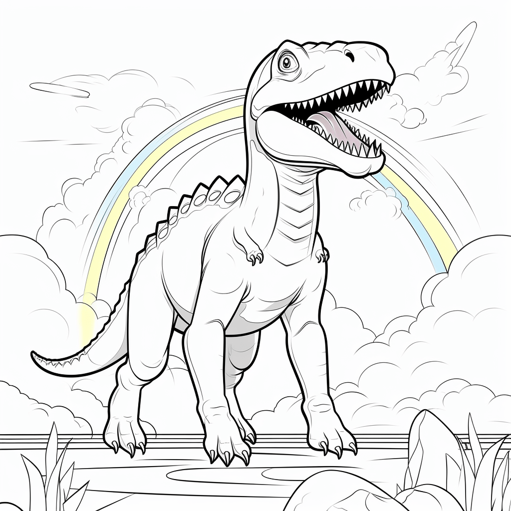 Giganotosaurus mit einem Regenbogen über ihm Ausmalbild und Malvorlage