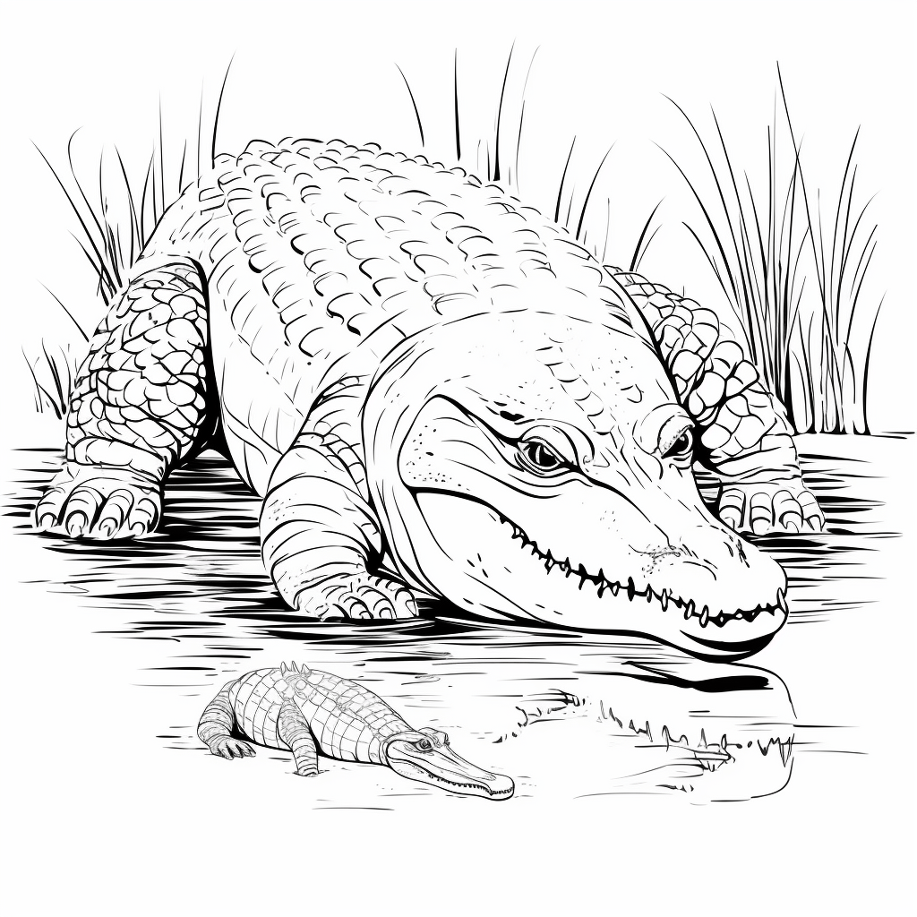 Großes und kleines Nilkrokodil kuscheln sich aneinander Ausmalbild und Malvorlage
