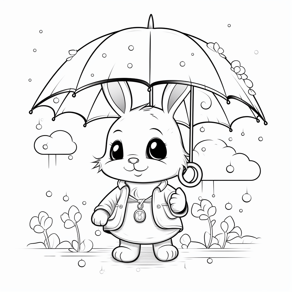 Hase öffnet Regenschirm im Wind Ausmalbild und Malvorlage