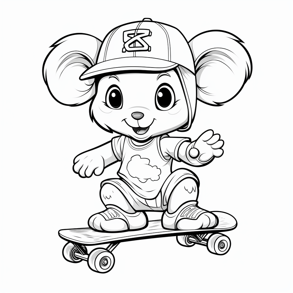 Koala fährt Skateboard Ausmalbild und Malvorlage