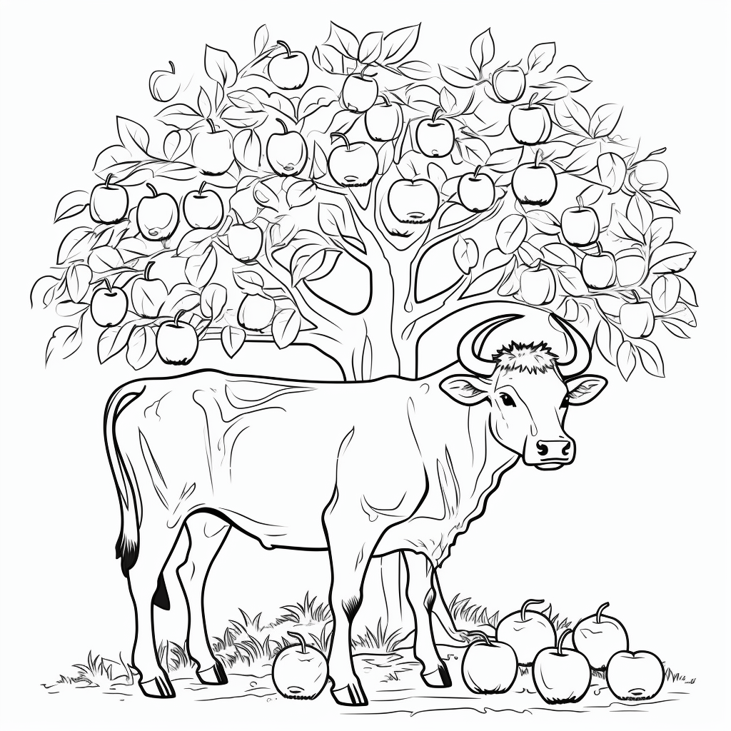 Kuh und Apfelbaum Ausmalbild und Malvorlage