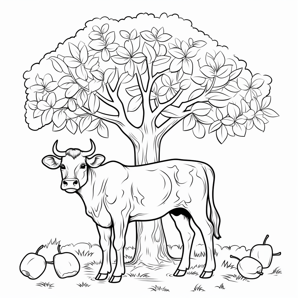 Kuh unter Apfelbaum Ausmalbild und Malvorlage