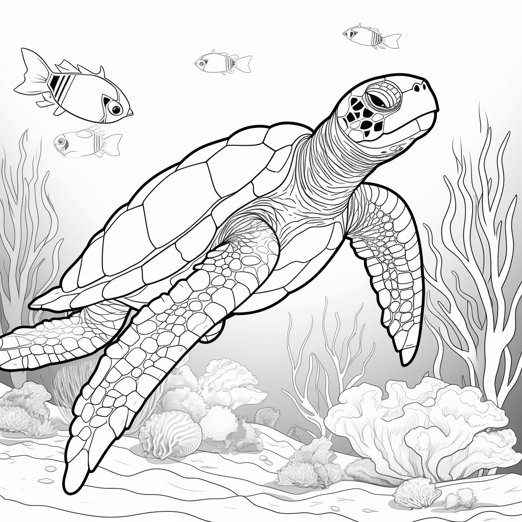 Lederschildkröte erkundet Korallenriff Ausmalbild und Malvorlage