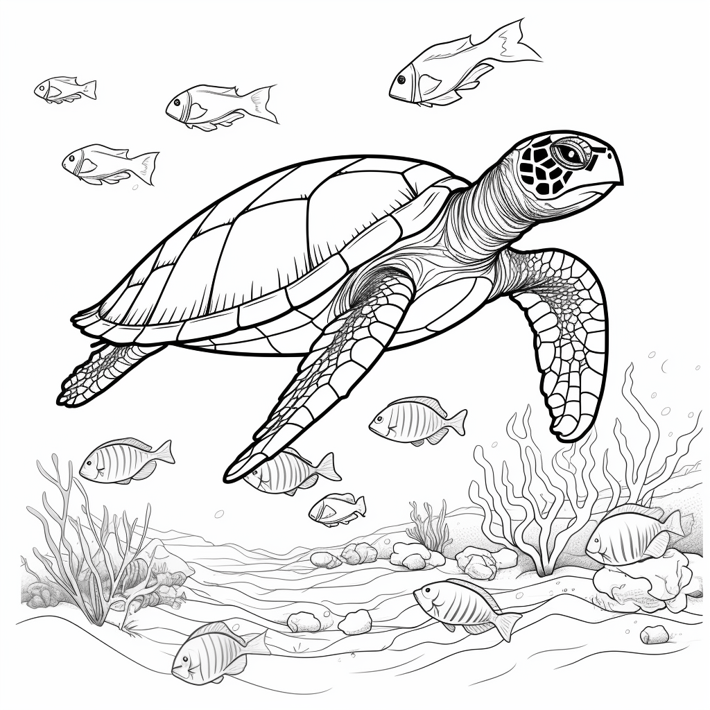 Lederschildkröte folgt Fischschwarm Ausmalbild und Malvorlage