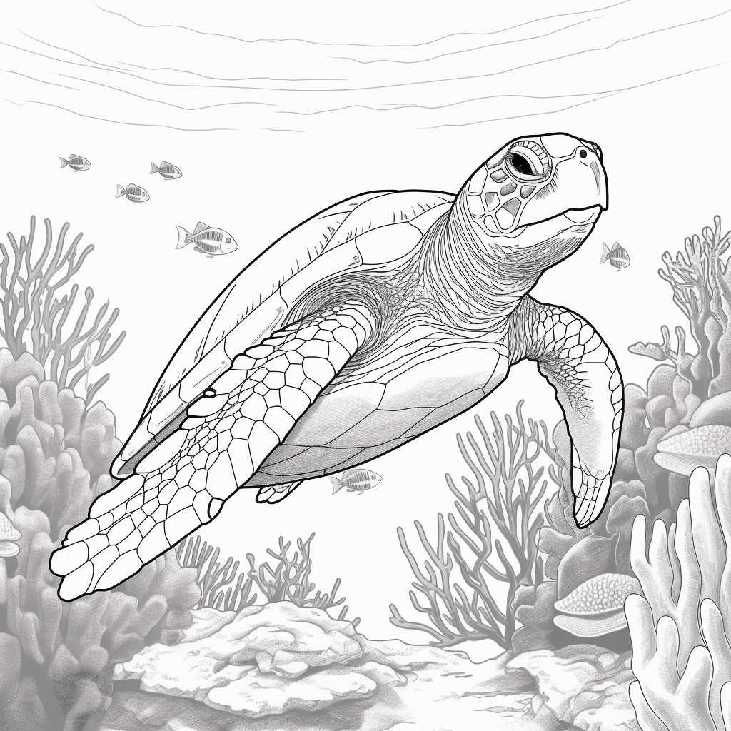 Lederschildkröte mit Korallen Ausmalbild und Malvorlage