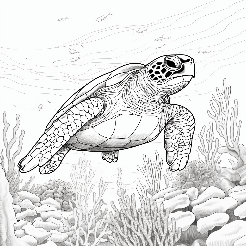 Lederschildkröte schwimmt zwischen Korallen Ausmalbild und Malvorlage