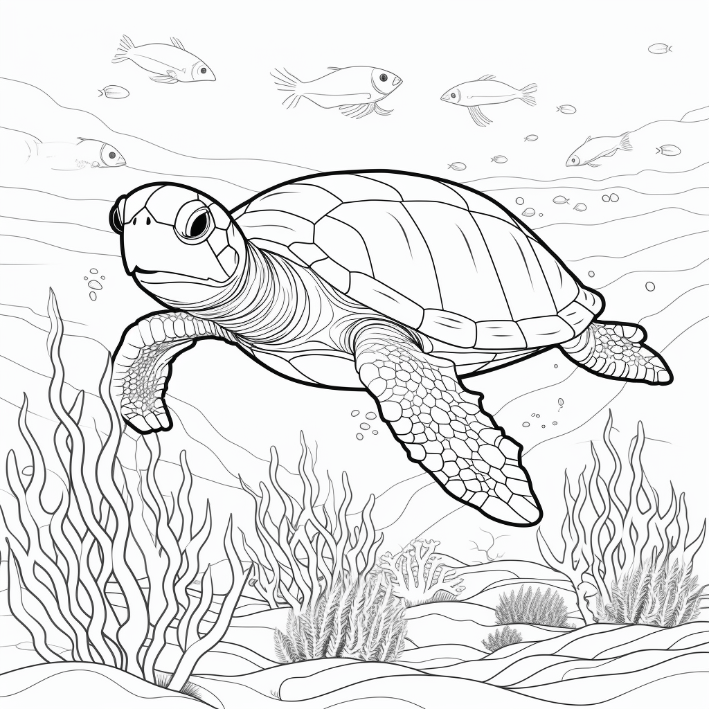 Lederschildkröte umgeben von Korallen Ausmalbild und Malvorlage