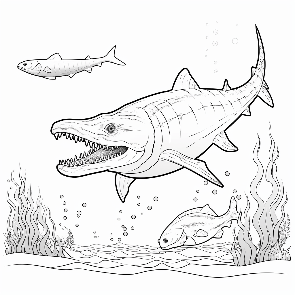 Mosasaurus jagt einen Fisch Ausmalbild und Malvorlage