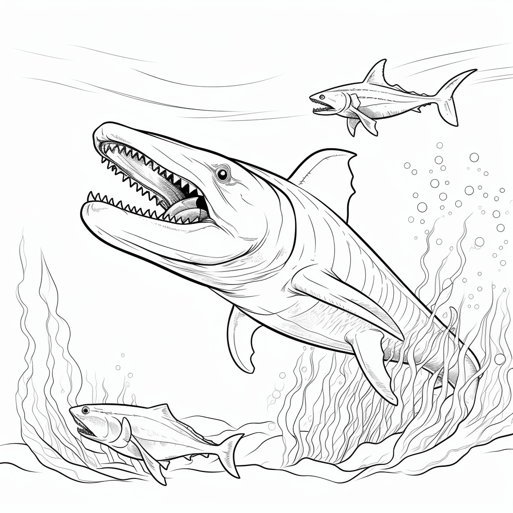 Mosasaurus kämpft gegen einen Hai Ausmalbild und Malvorlage